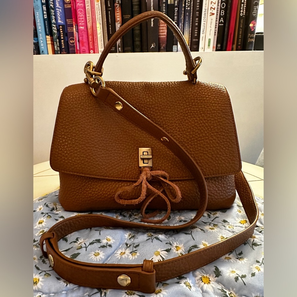 Cognac pebbled leather Rebecca Minkoff crossbody or shoulder bag w brass accents